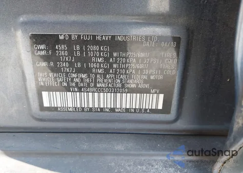 2013 Subaru Outback 2.5I Premium from USA, damaged, VIN 4S4BRCCC5D3312059